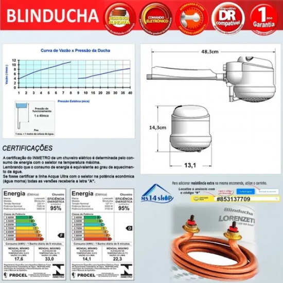 Chuveiro E Ducha Blindado a Gas Eletrico Lorenzetti BlinDucha